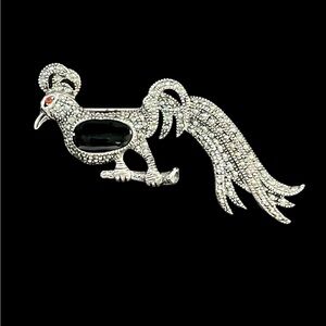 Vintage sterling silver black onyx and marcasite peacock brooch pin